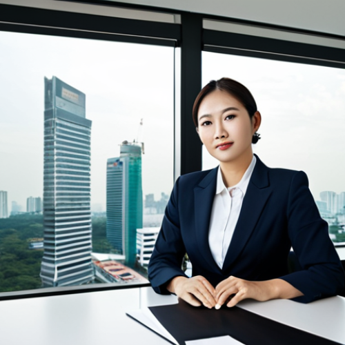 Home 19 **Image:** A professional businesswoman in a modern office.
**Prompt:** "A professional businesswoman in a modest business suit, sitting at a desk in a modern office with large windows overlooking Bangkok, fully clothed, appropriate attire, safe for work, perfect anatomy, natural proportions, professional photography, high quality."