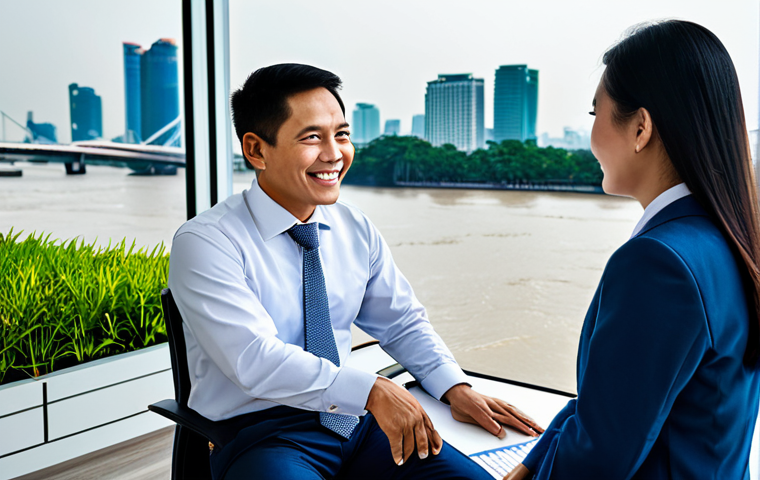 펀드투자상담사와 고객 데이터 관리 방법 - "A professional Thai financial advisor in modest, elegant business attire, meeting with a smiling cl...