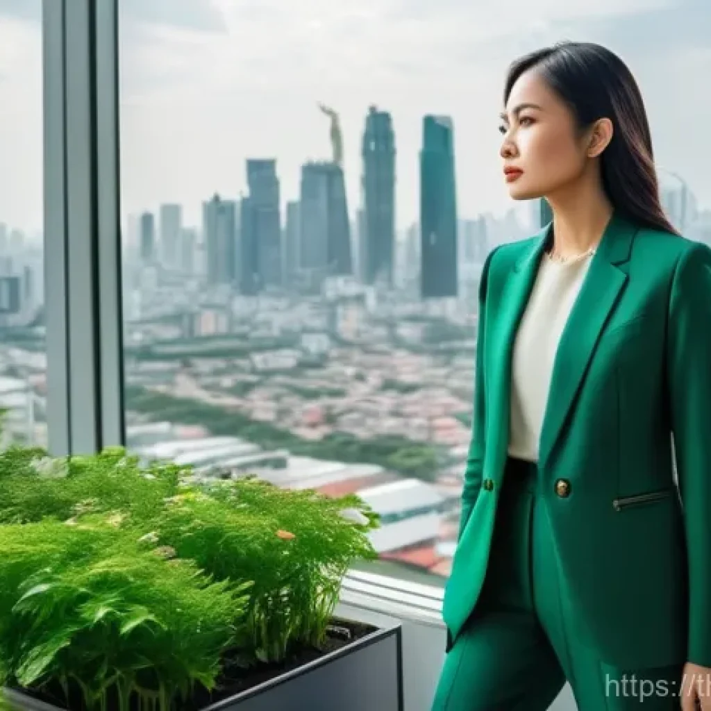 펀드투자상담사와 사회적 책임 - **Prompt:** "A sophisticated Thai woman, mid-30s, dressed in a sleek business casual outfit with a t...