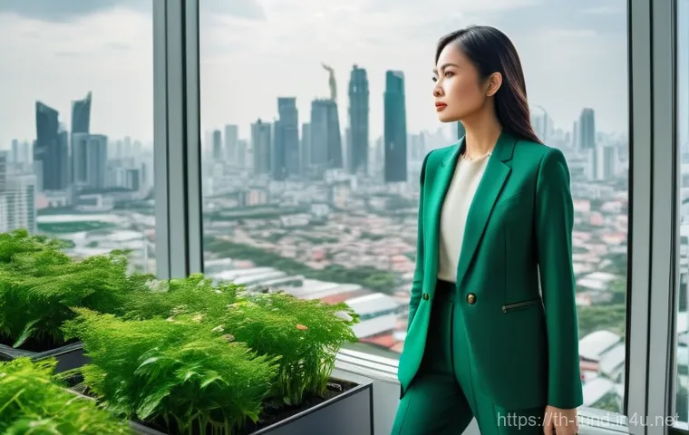 펀드투자상담사와 사회적 책임 - **Prompt:** "A sophisticated Thai woman, mid-30s, dressed in a sleek business casual outfit with a t...