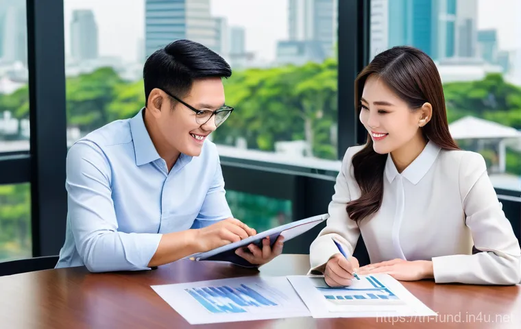 펀드투자상담사 취업 성공 스토리 - **Prompt:** A modern, brightly lit financial advisory office in Bangkok. A confident and professiona...