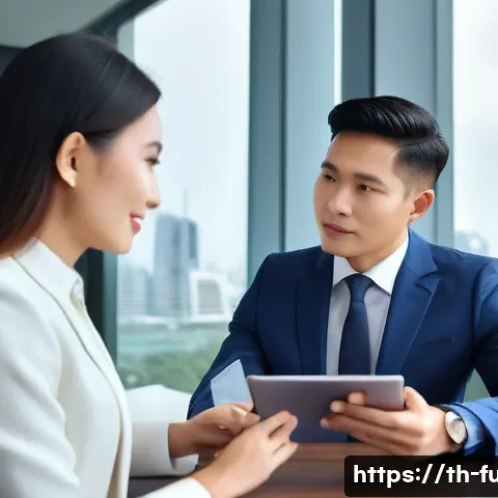 펀드투자상담사 취업을 위한 포트폴리오 작성법 - A professional and elegantly dressed Thai female investment advisor, in her early 30s, sits across a...