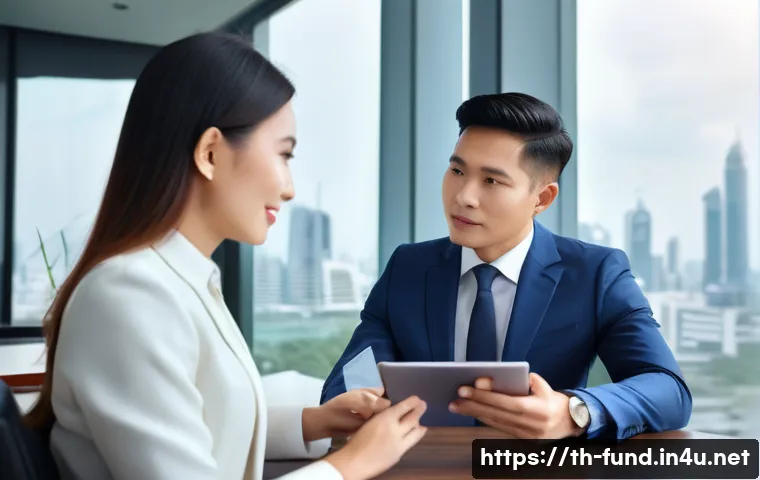 펀드투자상담사 취업을 위한 포트폴리오 작성법 - A professional and elegantly dressed Thai female investment advisor, in her early 30s, sits across a...
