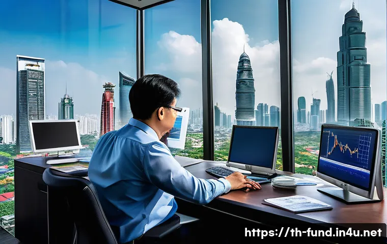 펀드투자상담사로서 직무에서의 기술 향상 - A professional financial advisor in a modern Bangkok office, analyzing quarterly and annual economic...