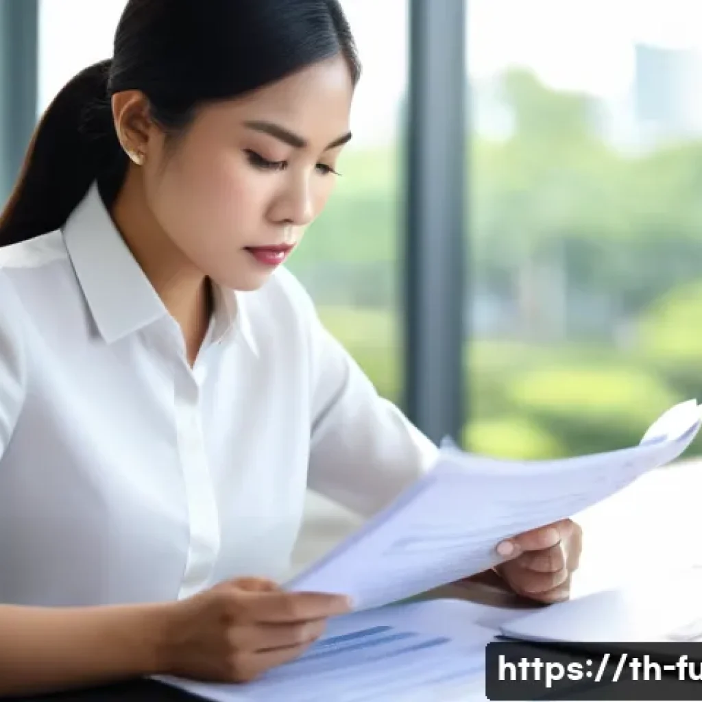 펀드투자상담사 시험 실습 문제 해결법 - A professional Thai businesswoman sitting at a modern office desk, attentively reading a financial e...
