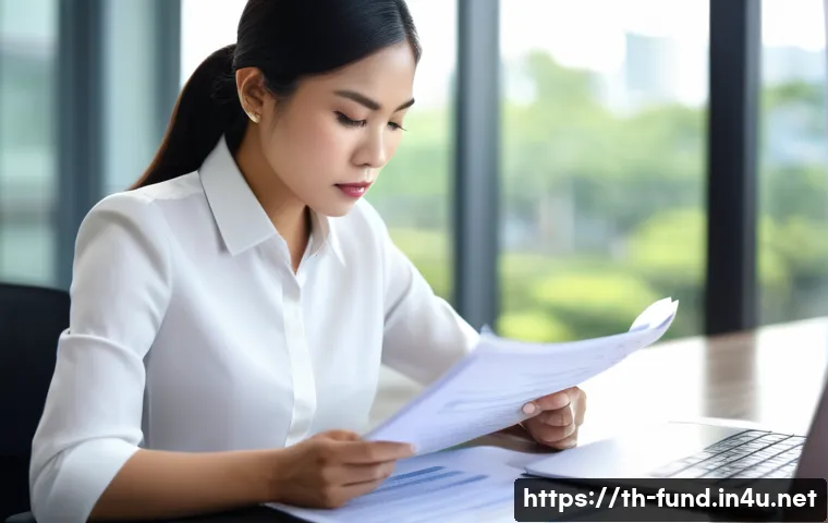 펀드투자상담사 시험 실습 문제 해결법 - A professional Thai businesswoman sitting at a modern office desk, attentively reading a financial e...