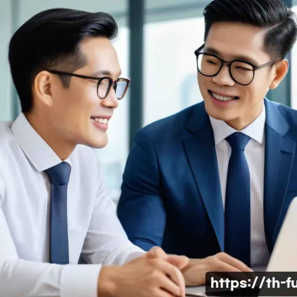 펀드투자상담사와 금융 데이터 분석 사례 - A professional financial advisor consulting with a diverse Thai couple in a modern office setting, s...