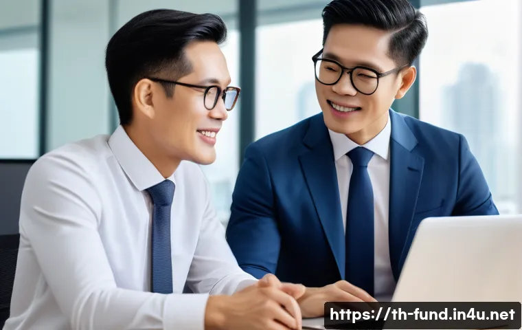 펀드투자상담사와 금융 데이터 분석 사례 - A professional financial advisor consulting with a diverse Thai couple in a modern office setting, s...