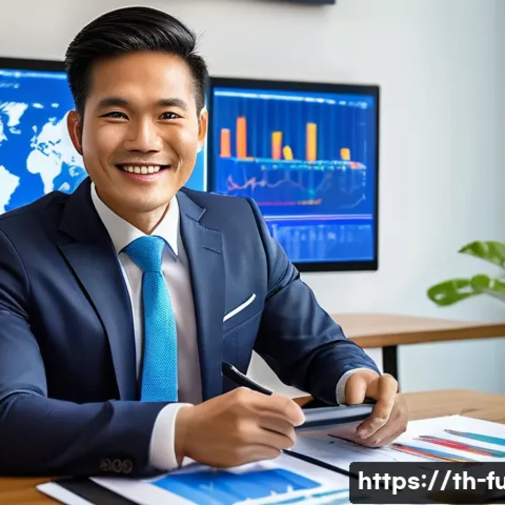 펀드투자상담사와 관련된 직무 인터뷰 준비법 - A professional Thai investment advisor sitting confidently at a modern office desk with multiple fin...