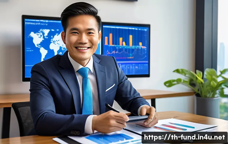펀드투자상담사와 관련된 직무 인터뷰 준비법 - A professional Thai investment advisor sitting confidently at a modern office desk with multiple fin...