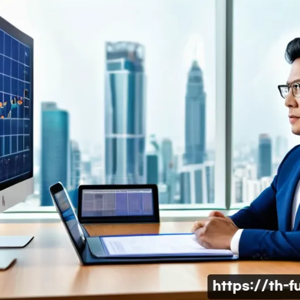 펀드투자상담사 직업 만족도 조사 - A professional investment advisor in a modern Bangkok office, wearing business attire with a crisp w...