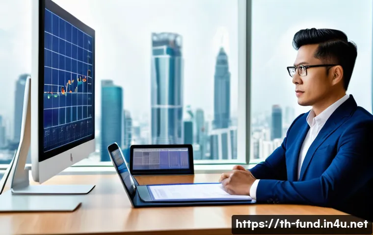 펀드투자상담사 직업 만족도 조사 - A professional investment advisor in a modern Bangkok office, wearing business attire with a crisp w...