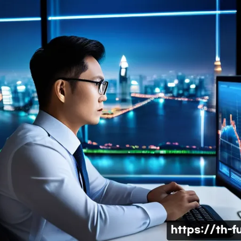 펀드투자상담사로서 실무 환경의 변화 - A modern Thai financial advisor in a sleek office setting, analyzing real-time investment data on mu...