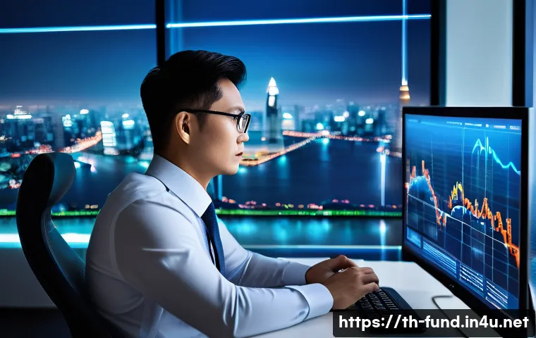 펀드투자상담사로서 실무 환경의 변화 - A modern Thai financial advisor in a sleek office setting, analyzing real-time investment data on mu...