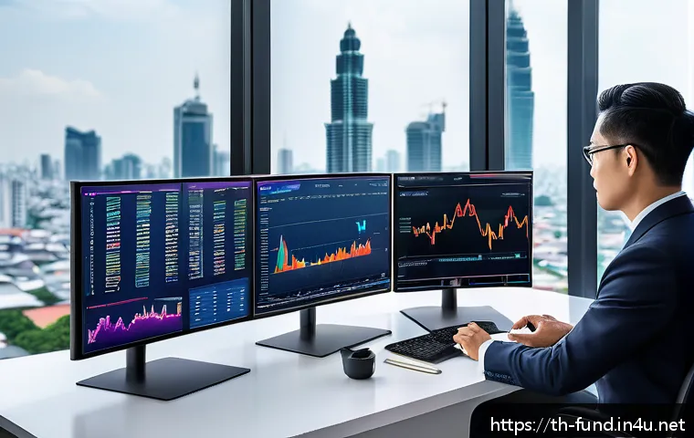 펀드투자상담사와 관련된 금융 기술 트렌드 - A modern Thai financial advisor office setting with a middle-aged Asian professional in business att...