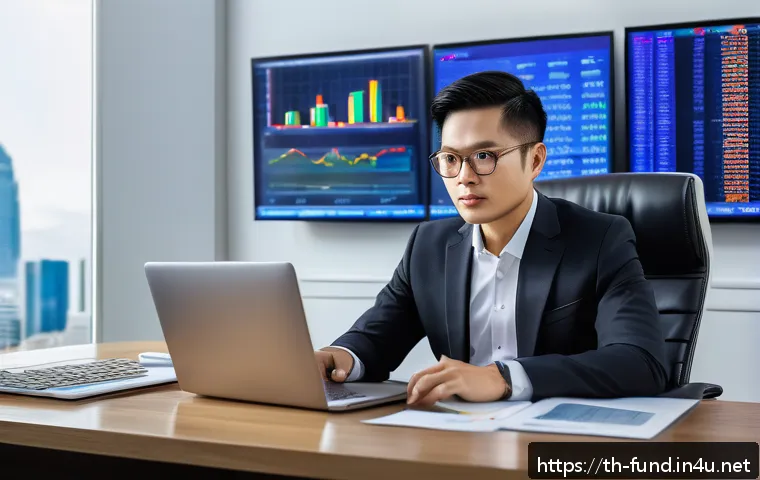 펀드투자상담사와 금융 상품 설계 사례 - A modern Thai investor sitting at a sleek desk in a bright home office, analyzing a diversified inve...