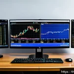 Home 22 펀드투자상담사와 금융 데이터 분석 기법 - A modern financial analyst workspace in Bangkok, Thailand, featuring multiple large monitors display...