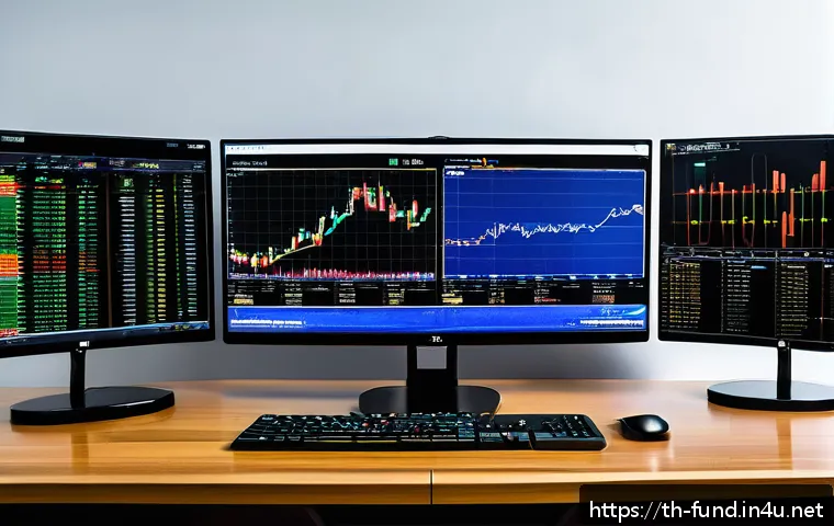펀드투자상담사와 금융 데이터 분석 기법 - A modern financial analyst workspace in Bangkok, Thailand, featuring multiple large monitors display...