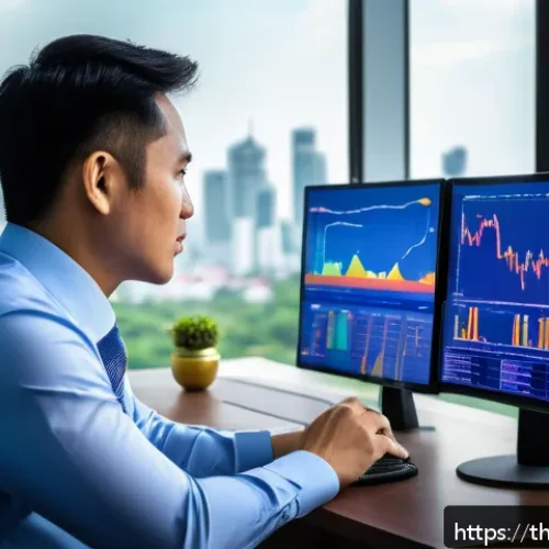 Home 32 펀드투자상담사와 금융 시장 변화 사례 - A professional Thai financial advisor in a modern office setting, analyzing complex financial data o...