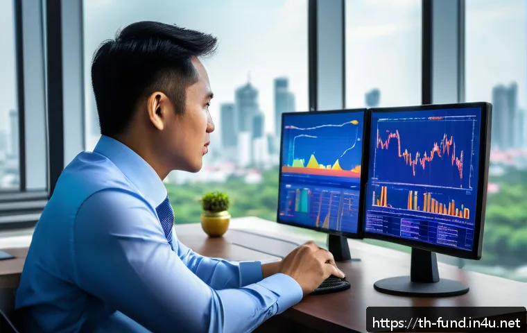 펀드투자상담사와 금융 시장 변화 사례 - A professional Thai financial advisor in a modern office setting, analyzing complex financial data o...