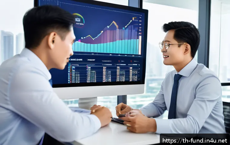 펀드투자상담사로 일하며 느낀 보람 - A professional Thai financial advisor consulting a diverse group of clients in a modern office setti...
