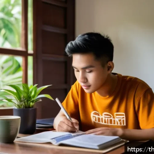 Home 30 펀드투자상담사 시험일정과 준비 계획 - A focused Thai student studying at a wooden desk in a cozy home study room, natural morning light st...