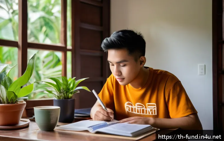 펀드투자상담사 시험일정과 준비 계획 - A focused Thai student studying at a wooden desk in a cozy home study room, natural morning light st...
