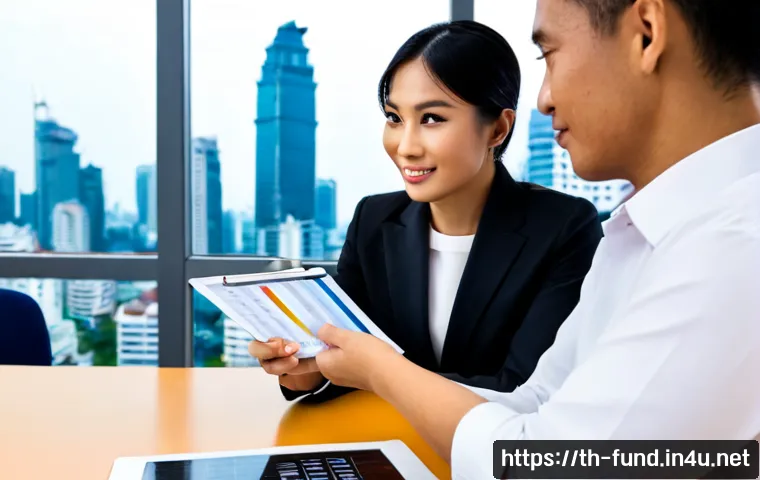 펀드투자상담사와 자격증 시험 후기 - Photorealistic financial consultation in a modern Bangkok office, a friendly Thai investment adviser...