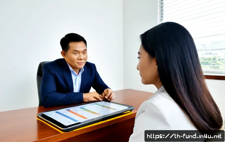 Home 29 펀드투자상담사와 고객 관계 유지 방법 - Photorealistic Thai financial advisor and middle-aged Thai client seated across a tidy wooden desk i...